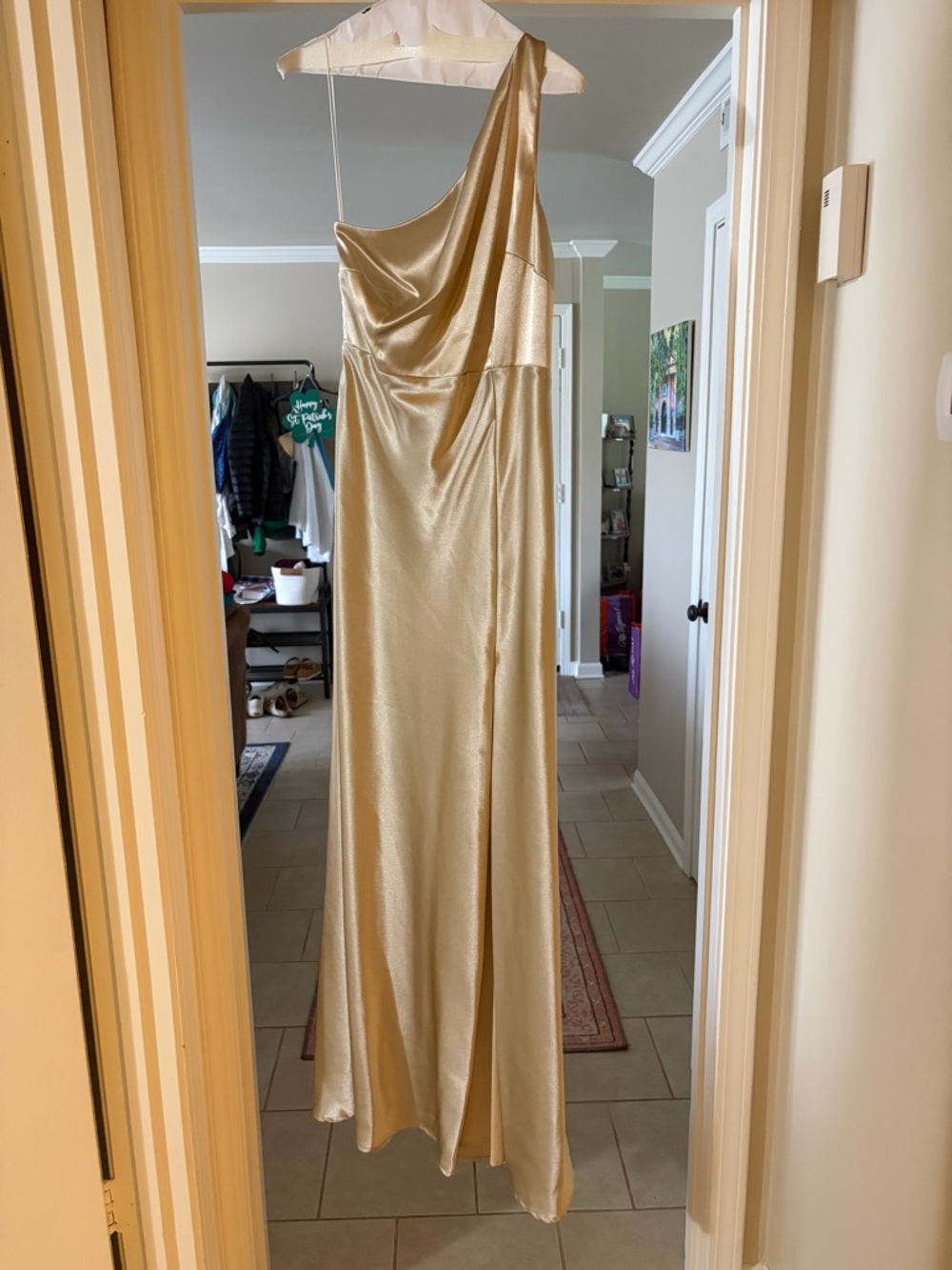 One-Shoulder Champagne Color Satin Evening Gown